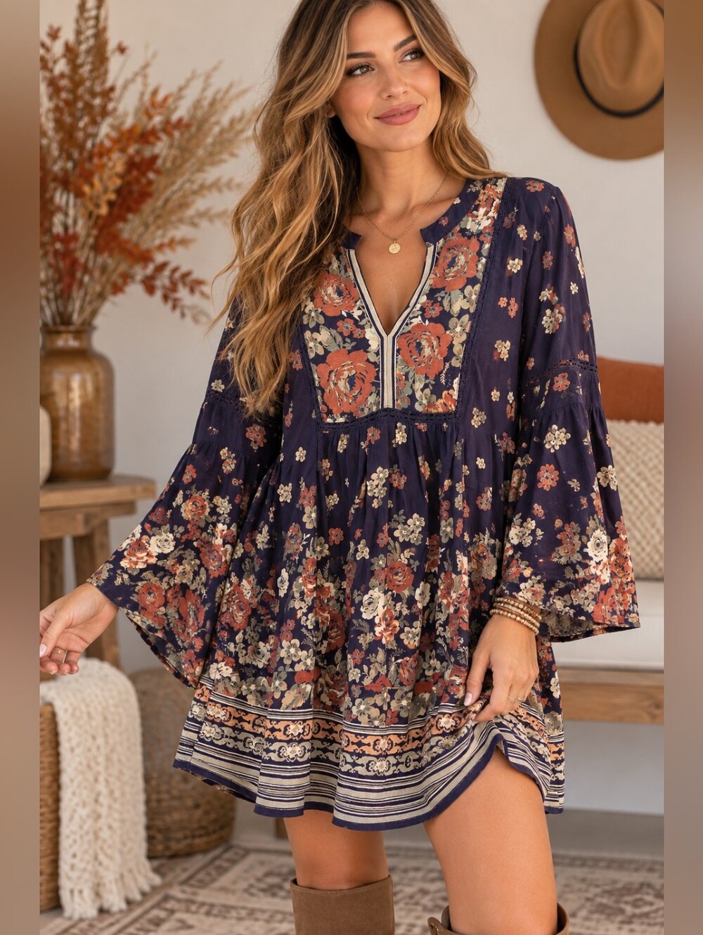 Lola P Small Oversized Floral Boho Bell Sleeve Tunic Dress